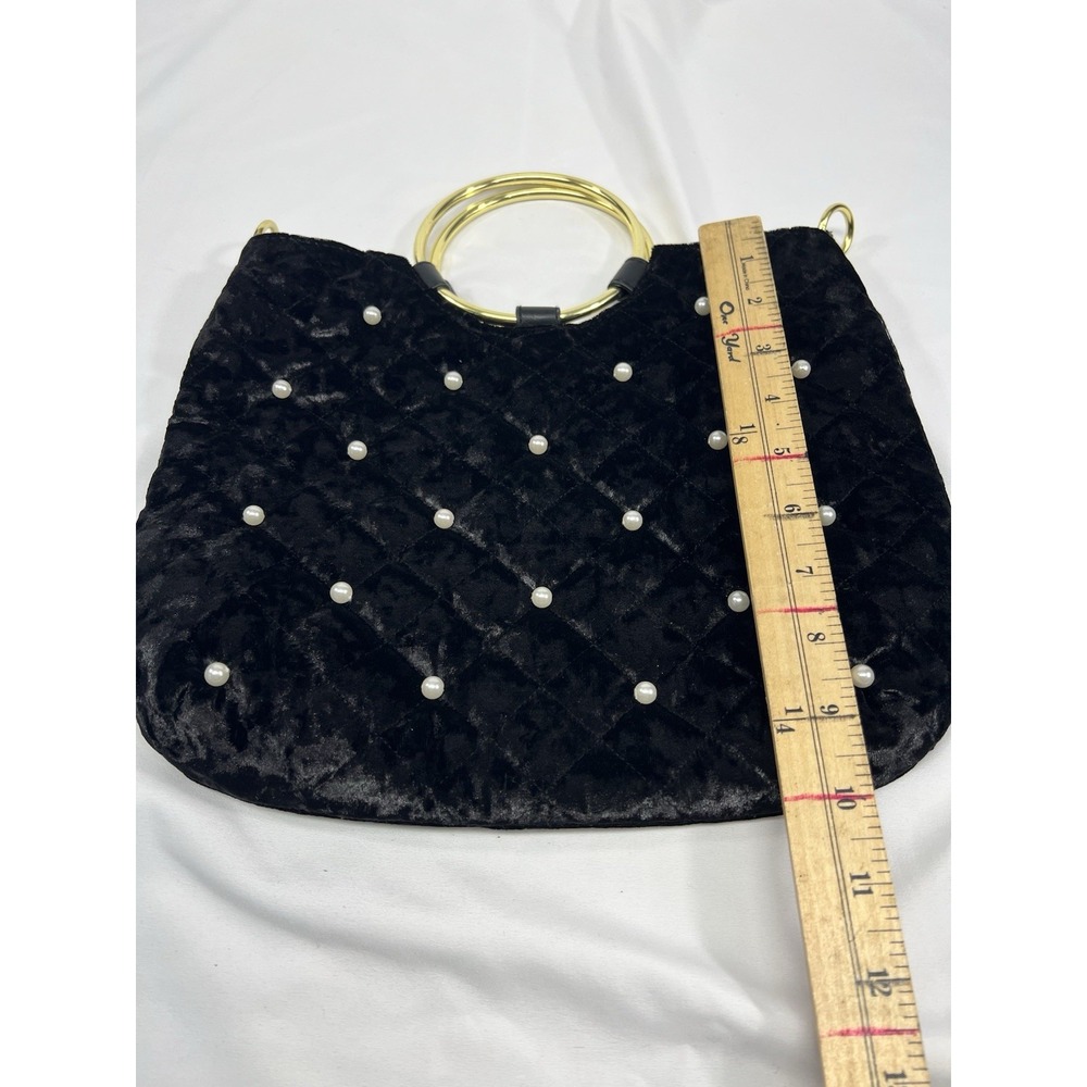 Black Velvet Quilted Handbag Purse With Faux Pearls With Gold Spring Handles - Picture 7 of 7